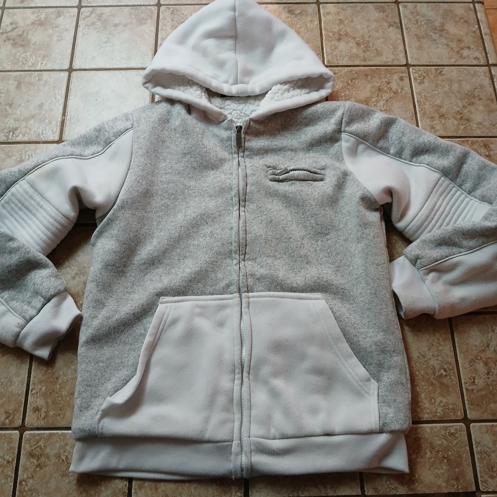 #0279 Boys Blue Gear Zip-Up Hoodie Faux-Fur Lining Jacket Size Large (14-16)